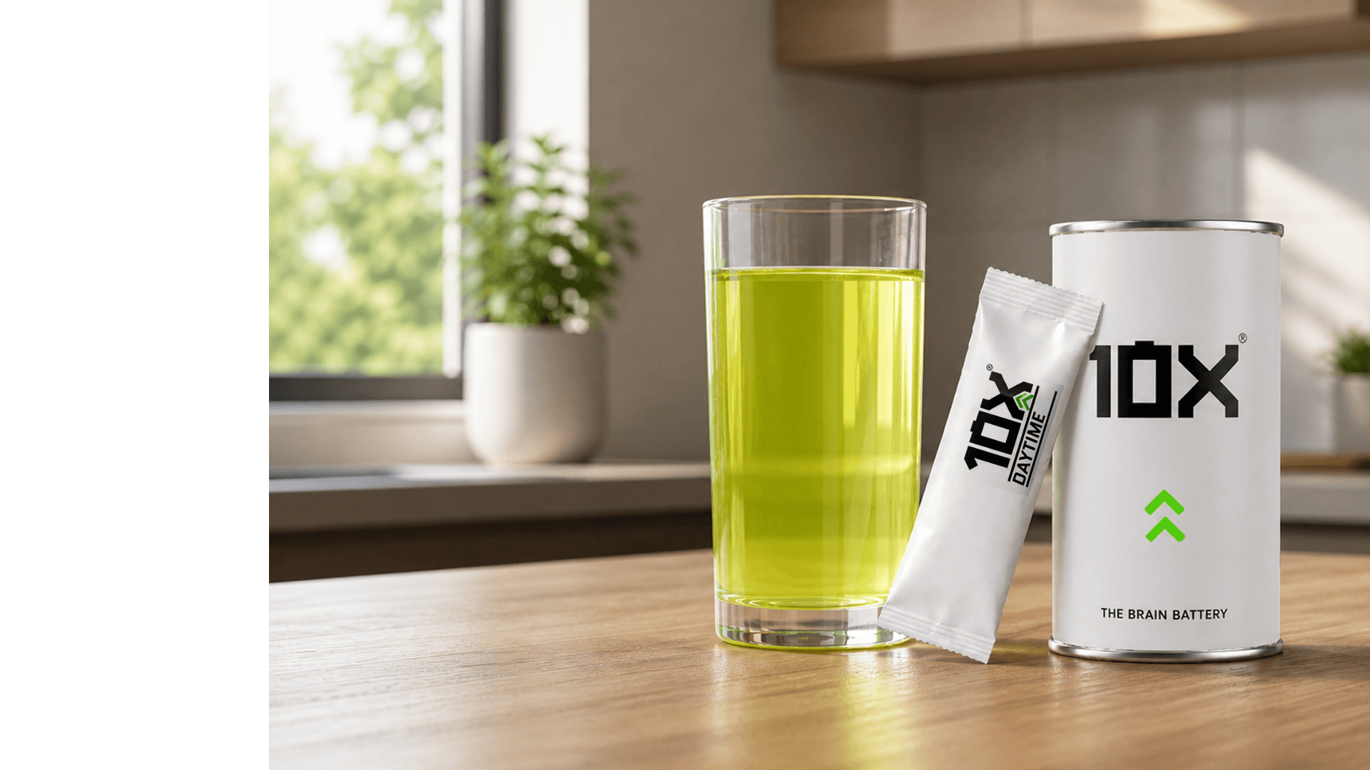10X Daytime sachet poured into a glass beside a 10X tin labelled The Brain Battery
