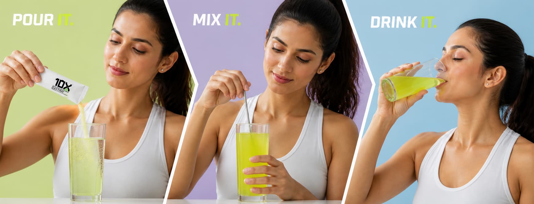 Three-step usage: Pour 10X into water, mix it, and drink it