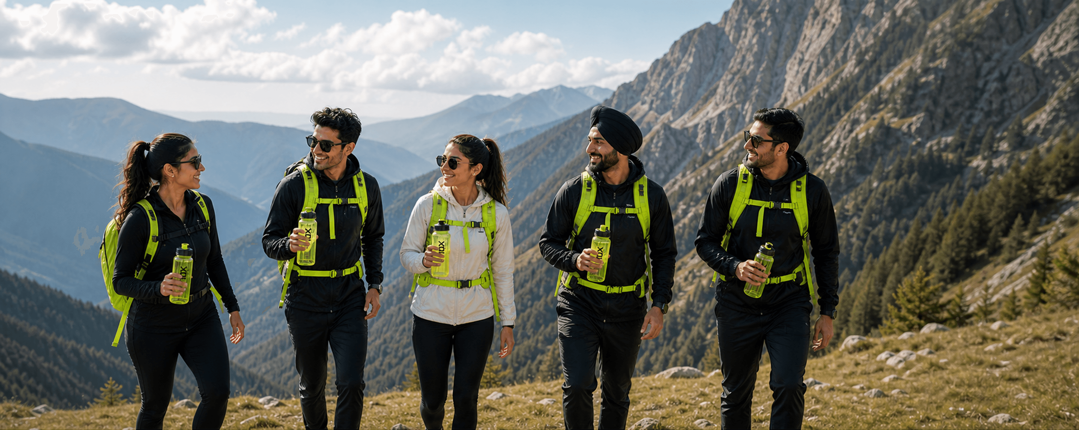 A group of hikers in mountains carrying 10X energy drinks